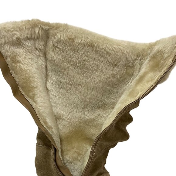 Bear Traps Stay Dry Suede Mid-Calf Tan Boots With Faux Fur Trim Button Accents - Picture 10 of 11